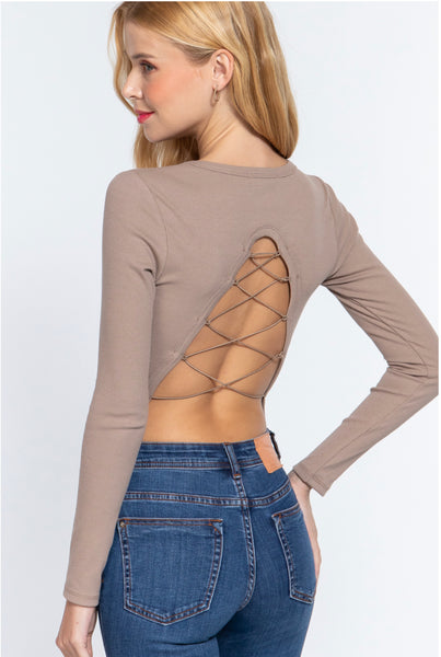 LONG SLEEVE BACK OPEN WITH CROSS STRAP DETAIL KNIT TOP