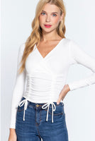 LONG SLEEVE FRONT SURPLICE AND RUCHED DETAIL RIB KNIT TOP