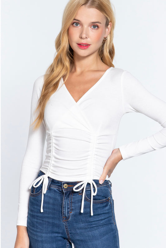 LONG SLEEVE FRONT SURPLICE AND RUCHED DETAIL RIB KNIT TOP