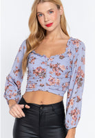 LONG SLEEVE SWEETHEART NECK W/RUFFLE FRONT HOOK & EYE DETAIL PRINTED WOVEN TOP