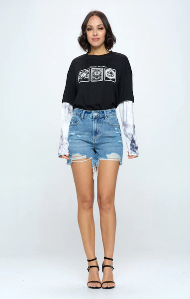 HIGH RISE RIPPED FREY HEM DENIM SHORTS