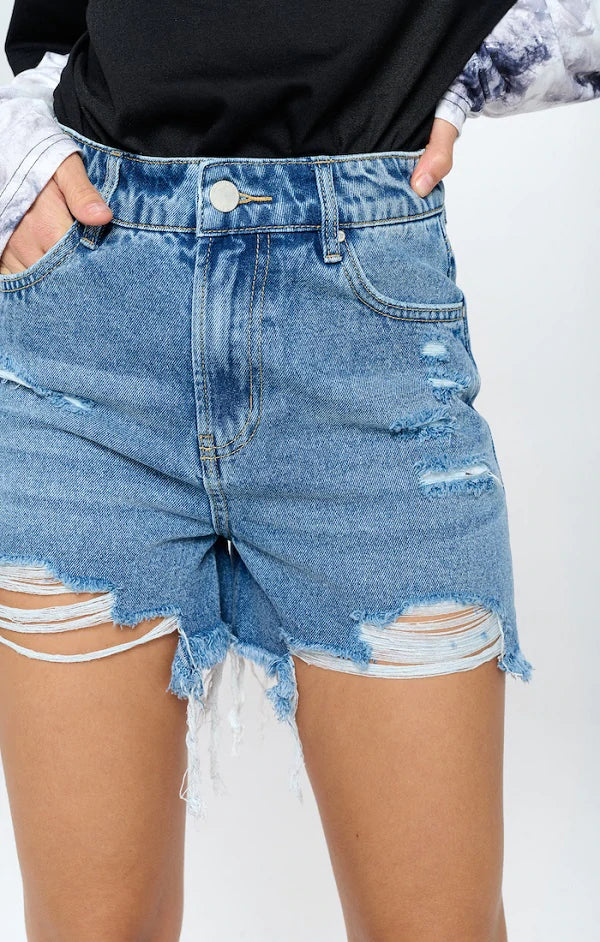 HIGH RISE RIPPED FREY HEM DENIM SHORTS