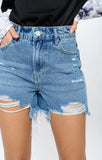 HIGH RISE RIPPED FREY HEM DENIM SHORTS