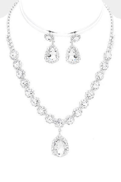 Floral Rhinestone Pave Glass Teardrop Dangle Necklace