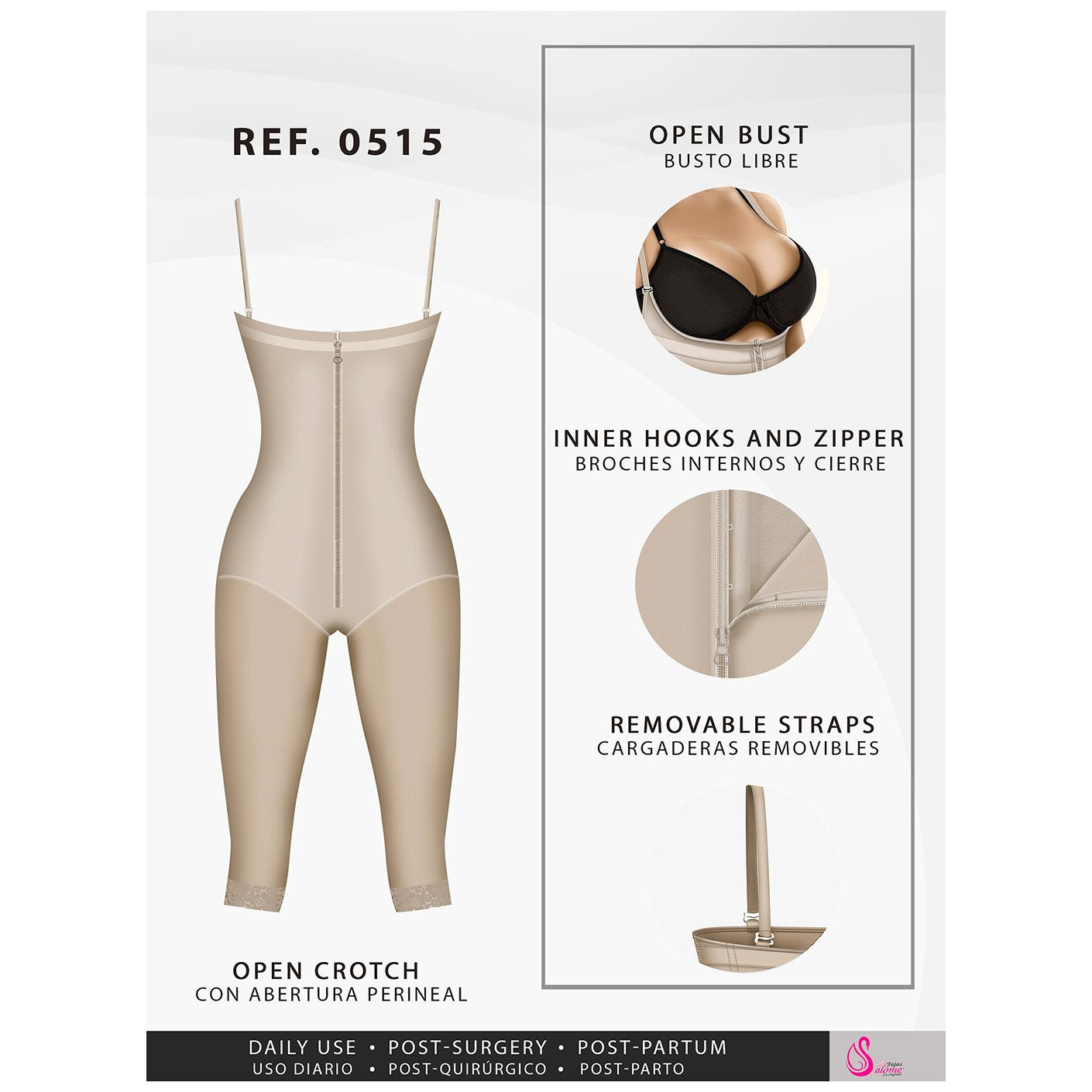 Fajas Salome 0515 | Open-Bust Postpartum Bodysuit | Knee Length Full Body Shaper for Women | Powernet - Pal Negocio