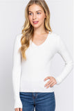WHITE LONG SLEEVE FITTED VISCOSE. RIB SWEATER TOP